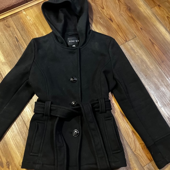 Braetan Womens Medium Cotton Blend Black pea Coat with Tie - Picture 3 of 10